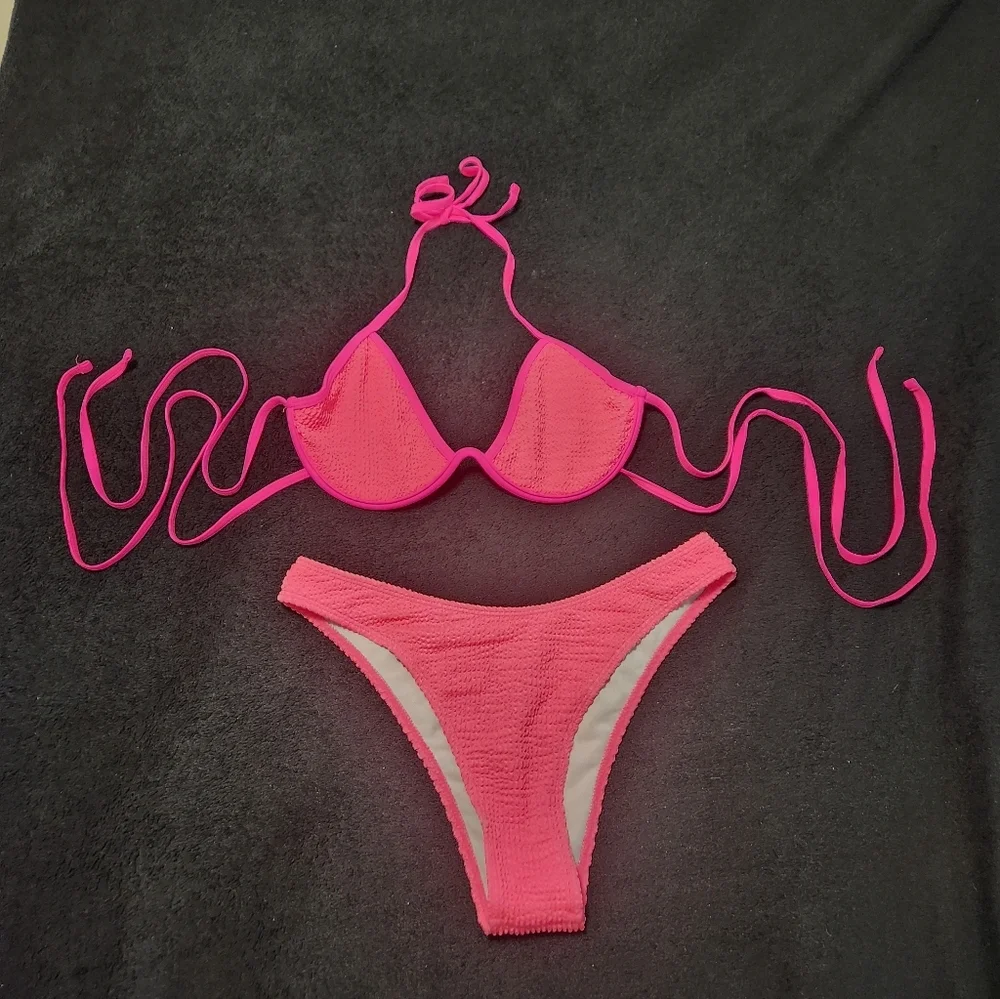 Seersucker Hot Pink String Bikini Large
